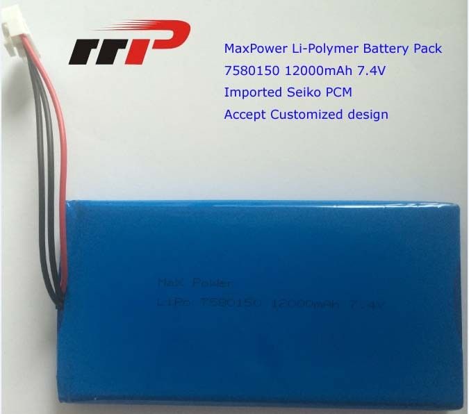 7.4V 12000mAh 7580150 अल्ट्रा पतला लिथियम पॉलिमर बैटरी उच्च क्षमता